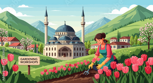 Gardening workshop scene with woman planting tulips near a scenic landmark