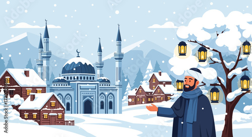 Winter celebration scene with mosque and man dressed in traditional clothing