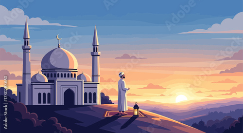 Serenity at Dusk: A Muslim Man's Devotion with Mosque Silhouette in Sunset
