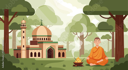 Serene meditation amidst nature with mosque in the backdrop, a peaceful scene