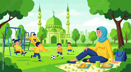 Cartoon illustration of a muslim woman in a park with children playing near a mosque