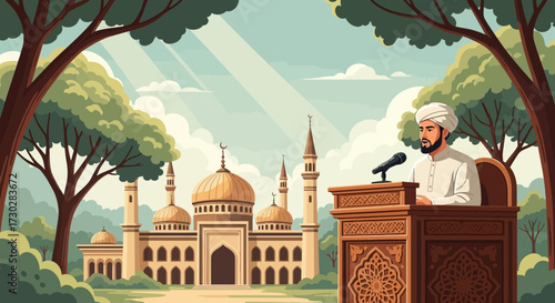 Illustrative depiction of muslim cleric delivering sermon near ancient mosque
