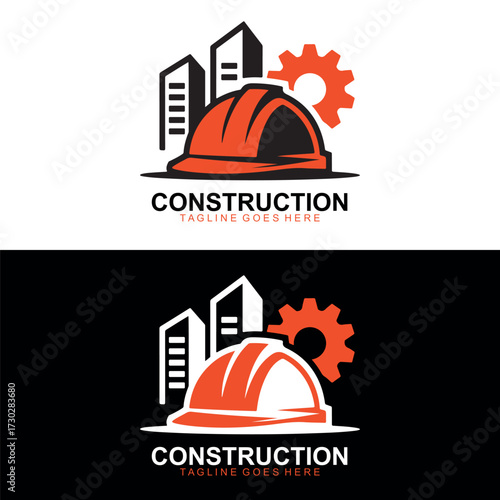Modern Construction and architecture Logo Design with Hard Hat, Buildings and Gear Icon