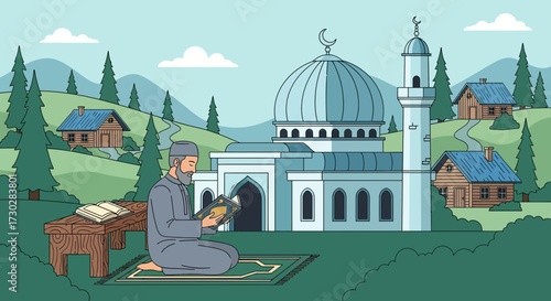 Serene Muslim Reading Beside Mosque with Rural Landscape Background