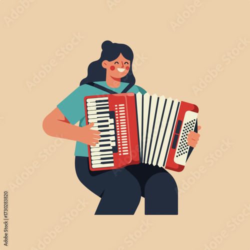 Smiling woman plays a red accordion in front of a tan background