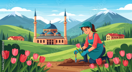 Gardening serenity: A woman plants tulips amidst a picturesque landscape with a mosque