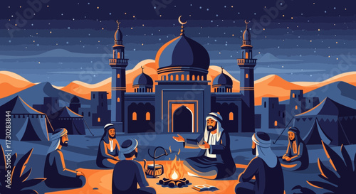 Illustration depicting a traditional arabian community gathered around a campfire