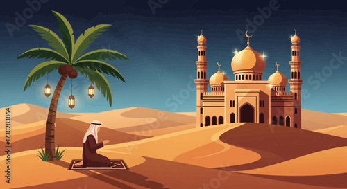 Serene desert prayer illustration featuring a mosque and praying man