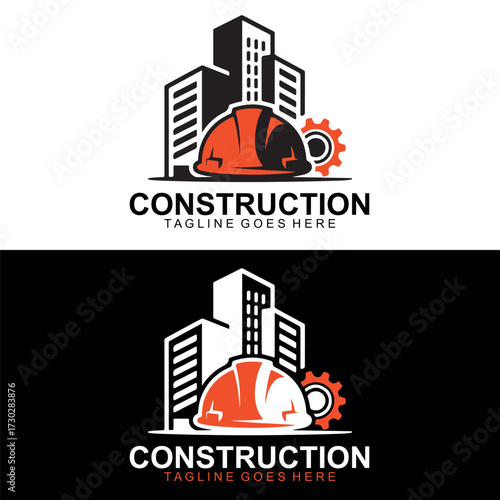 Modern Construction and architecture Logo Design with Hard Hat, Buildings and Gear Icon