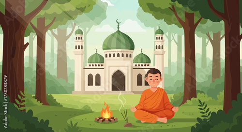 Monk meditating by a campfire in front of a grand mosque nestled in the forest