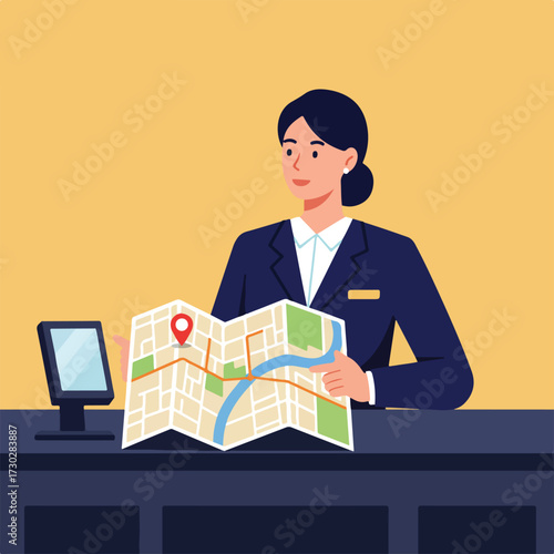 Person holding a map with a red pin, standing at a desk with a monitor
