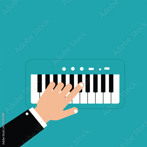 Piano playing with a hand wearing a suit against teal background