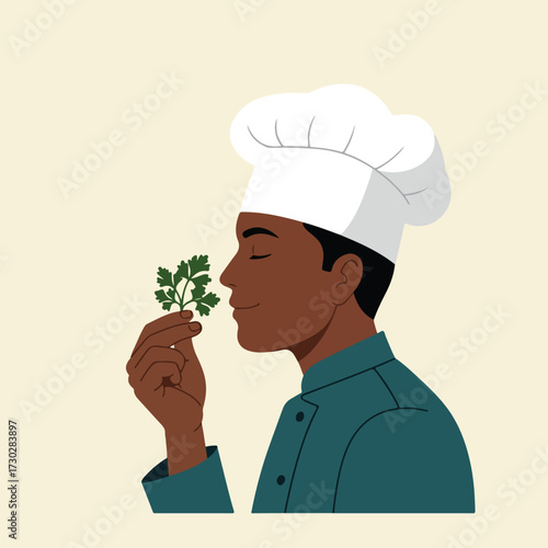 Chef smelling fresh parsley, eyes closed, wearing white hat and teal coat