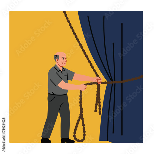 Man pulls rope tying blue curtains on yellow