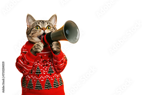 Happy cat holding a megaphone in his paws, wearing a red Christmas sweater, isolated on transparent background, Christmas and New Year sales concept