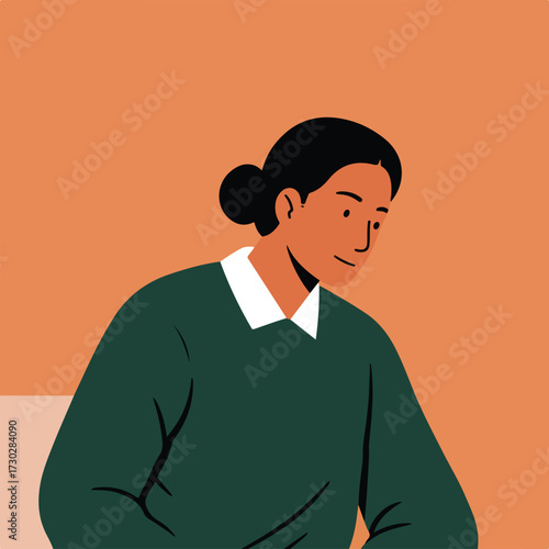 Woman looking down, dark hair in bun, green sweater, against orange background