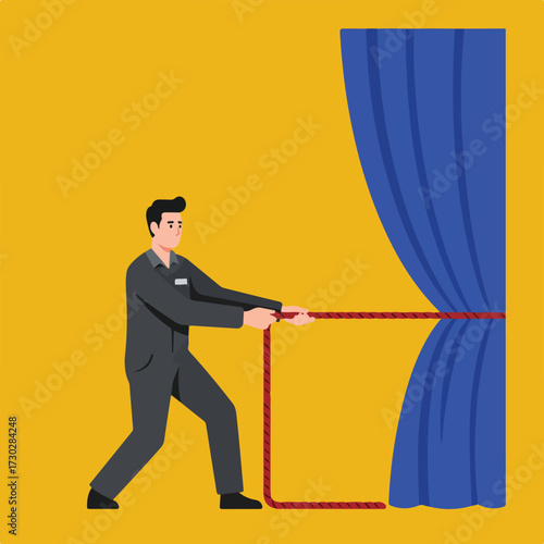 Person pulls a blue curtain back with a red rope, on yellow
