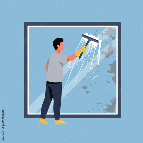 Person cleaning a dirty window with squeegee and soap in a blue square frame