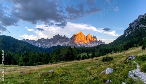 Sunset illuminates a majestic mountain range, casting a warm glow on its peaks.  Grassland and forest occupy the foreground