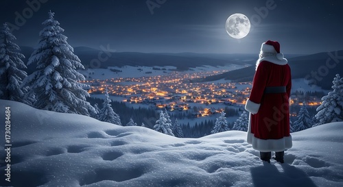 Santa Claus looking over a snowy village at night under a full moon.