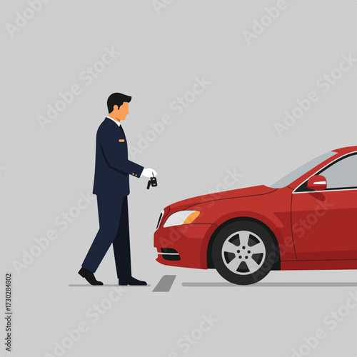 Chauffeur in gloves with car keys stands next to red sedan on gray ground