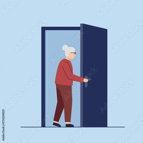 Grey-haired woman opens blue door, wearing glasses and casual attire