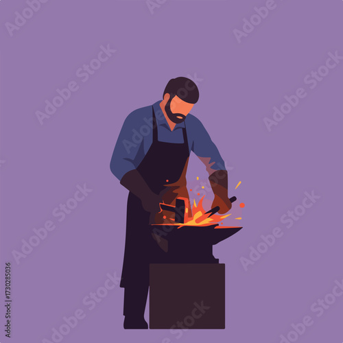 Blacksmith working with hammer and anvil, sparks flying on violet ground