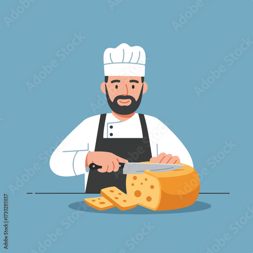 Chef slices cheese block on counter, wearing apron, hat, & uniform