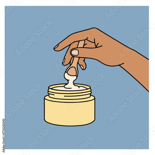 Hand dips spoon in cream jar against a blue background, outlined illustration