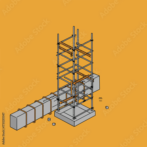 Concrete structure with metal rebar cage and reinforcement on golden background