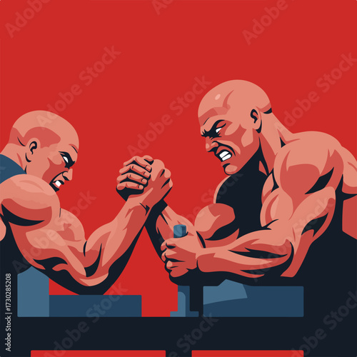 Intense arm wrestling match between two muscular bald men on a red background