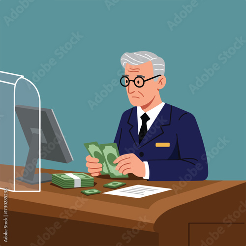 Man in suit counts cash at desk behind protective barrier