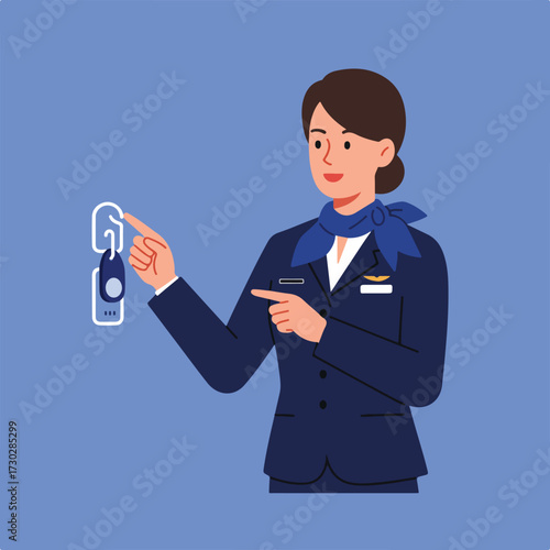 Flight attendant demonstrates device on light blue backdrop