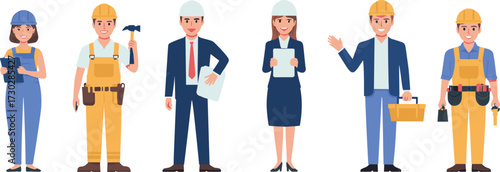 Construction workers illustration, engineering teamwork, architect and builders, building project, contractor management, construction site, labor force, teamwork concept, professional workforce