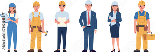 Construction workers illustration, engineering teamwork, architect and builders, building project, contractor management, construction site, labor force, teamwork concept, professional workforce