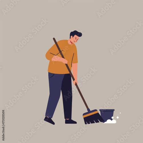 Cleaning man sweeps floor, bucket with bubbles nearby. Flat vector