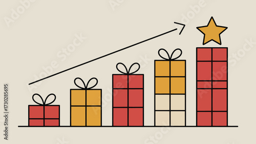 A stylized illustration showing gift boxes increasing in size with a star on the tallest one