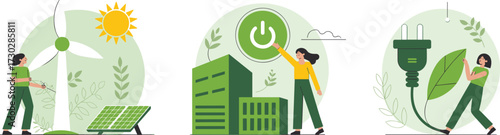 Renewable energy illustration, eco friendly concept, solar panels, wind turbines, green electricity, sustainable future, clean energy technology, environment conservation, power saving