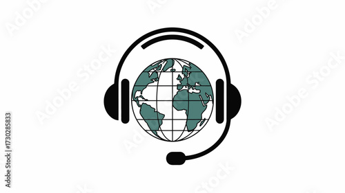 Illustration of a globe with continents and grid lines wearing a black headset with microphone boom