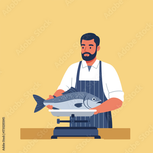 Man with beard weighing fish on scale, wearing apron, against gold backdrop
