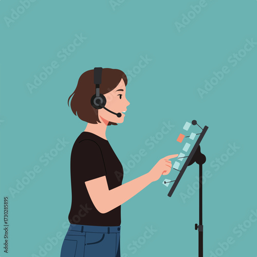 Woman in headset interacts with screen