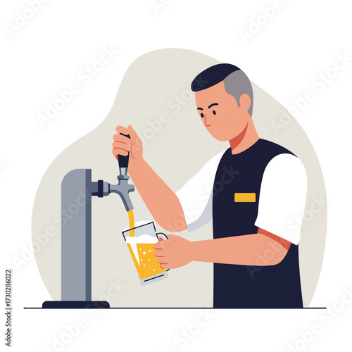 Bartender pours a pint of beer from a tap into a glass