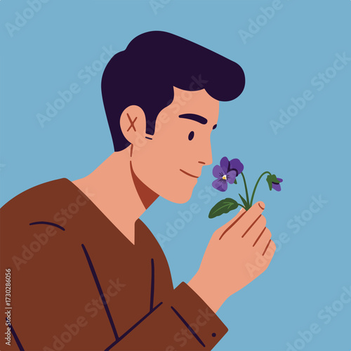 Person smelling violets, stylized illustration