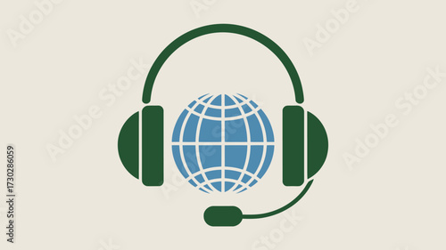 A graphic of a globe with blue lines and green headphones on a light background in a simple style