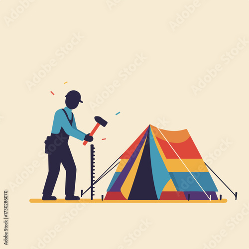 Building a colorful tent man hammering stakes