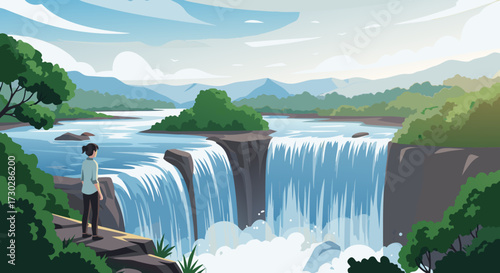 A lone explorer gazes at a majestic multi-tiered waterfall cascading into a wide river, surrounded by lush green forests and rolling hills under a bright sky