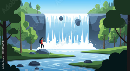 Discover the breathtaking beauty of a cascading waterfall amidst lush green trees and flowing river, a perfect scene for an adventurer