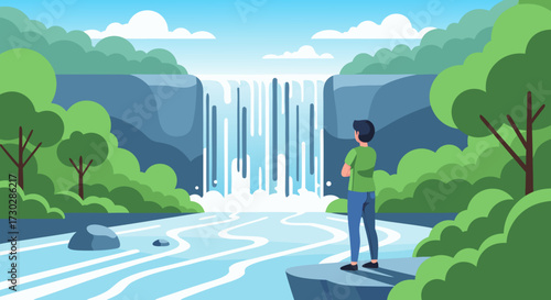 A lone man stands on a cliff overlooking a majestic waterfall surrounded by lush green trees and flowing water, a scene of natural beauty and tranquility