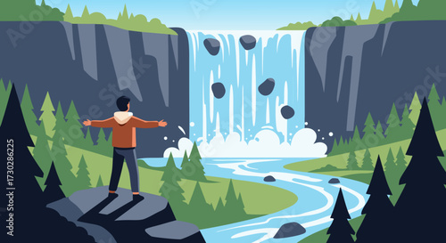 Stunning illustration of a person standing in awe before a powerful waterfall cascading down a rocky cliff into a serene river surrounded by lush green trees and blue sky