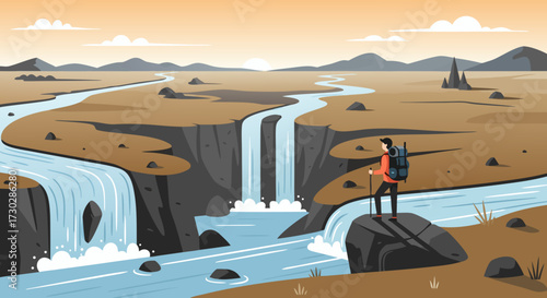 Adventurous hiker with backpack standing on a rock overlooking a majestic canyon waterfall landscape during a solo expedition, exploring nature's grandeur